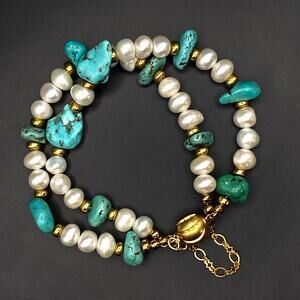 Turquoise Potato Pearl Beaded Double Strand Bracelet Magnetic Clasp Safety Chain